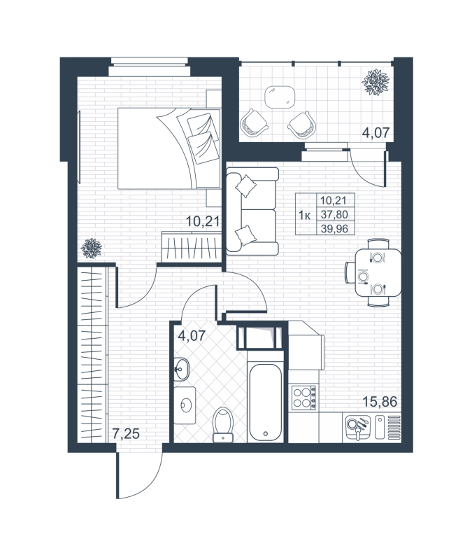 2-комнатная (Евро) квартира, 37.7 м² в ЖК "Ново-Антропшино" - планировка, фото №1