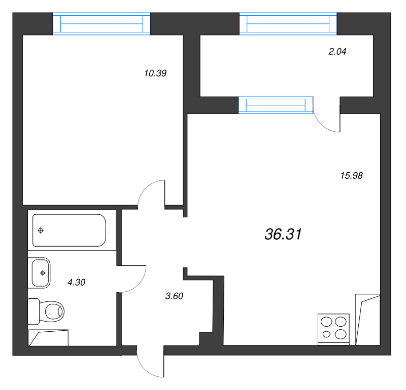 2-комнатная (Евро) квартира, 36.31 м² в ЖК "ORO by Akvilon" - планировка, фото №1