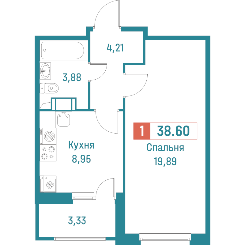 1-комнатная квартира, 38.6 м² в ЖК "Графика" - планировка, фото №1