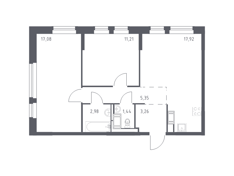3-комнатная (Евро) квартира, 59.24 м² в ЖК "Новое Колпино" - планировка, фото №1