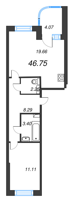 2-комнатная (Евро) квартира, 46.75 м² в ЖК "Энфилд" - планировка, фото №1