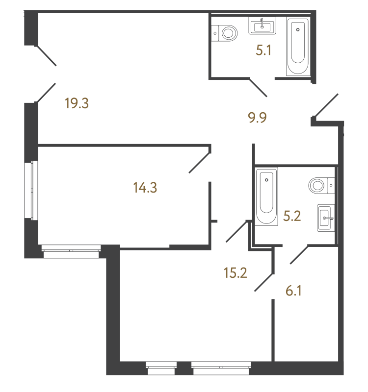 3-комнатная (Евро) квартира, 75.1 м² в ЖК "Репин" - планировка, фото №1