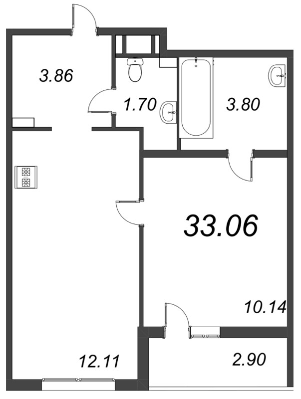1-комнатная квартира, 33.06 м² - планировка, фото №1