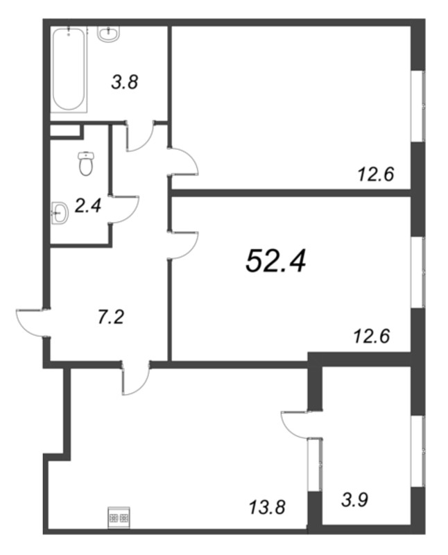 2-комнатная квартира, 52.4 м² в ЖК "Дубровский" - планировка, фото №1
