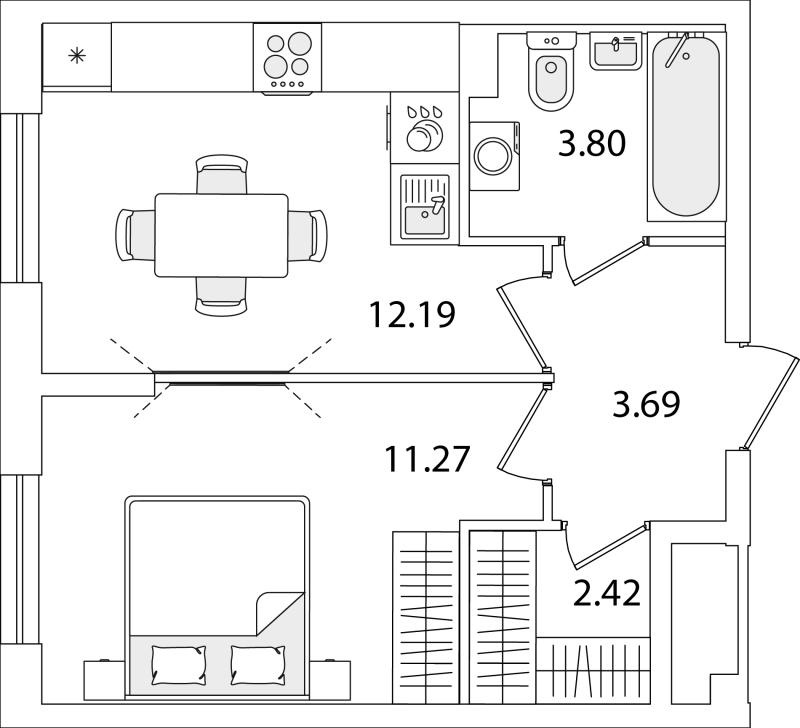 1-комнатная квартира, 33.37 м² в ЖК "Кинопарк" - планировка, фото №1