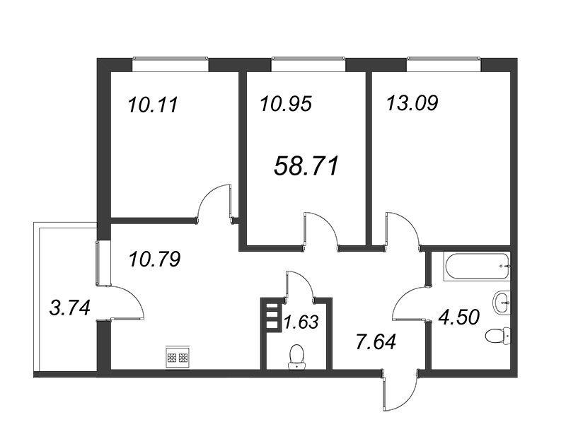 3-комнатная квартира, 54.46 м² - планировка, фото №1