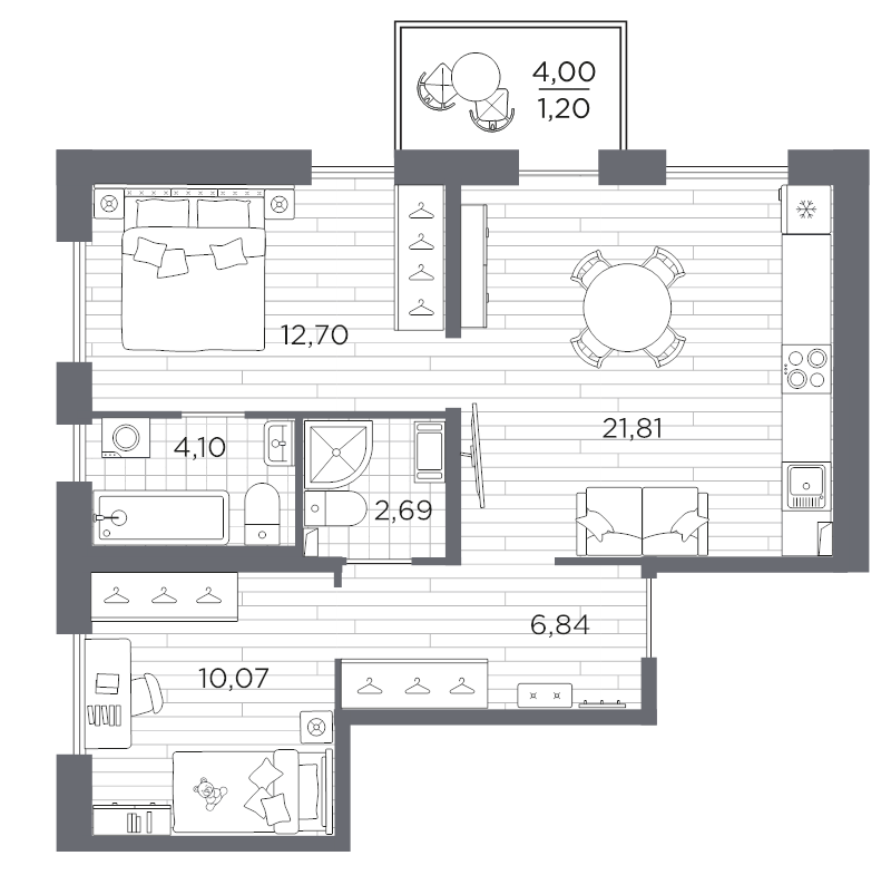 3-комнатная (Евро) квартира, 59.41 м² в ЖК "Сезоны" - планировка, фото №1
