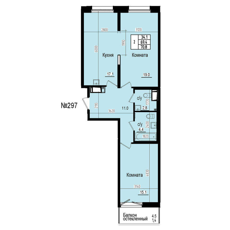 3-комнатная (Евро) квартира, 70.8 м² в ЖК "ПРАГМА СИТИ" - планировка, фото №1