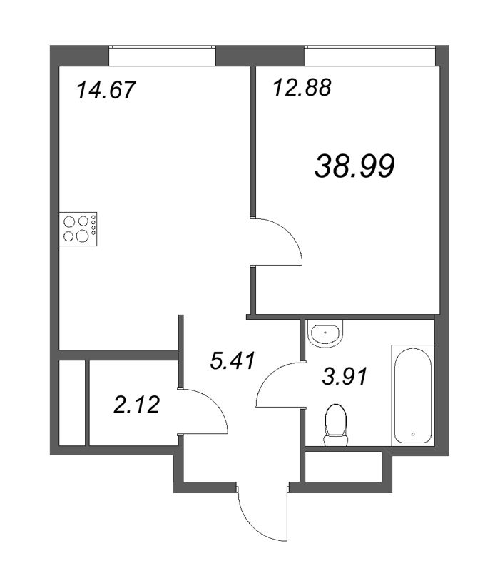 1-комнатная квартира, 38.99 м² - планировка, фото №1