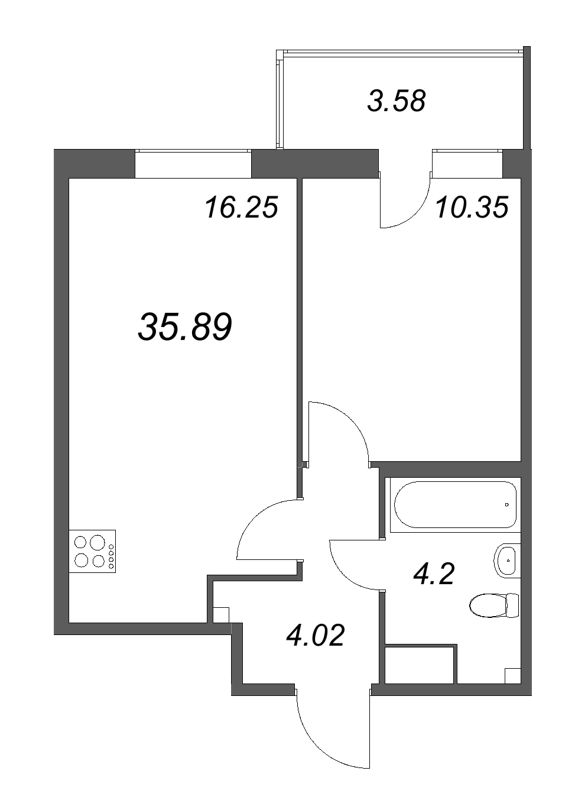 2-комнатная (Евро) квартира, 35.89 м² - планировка, фото №1