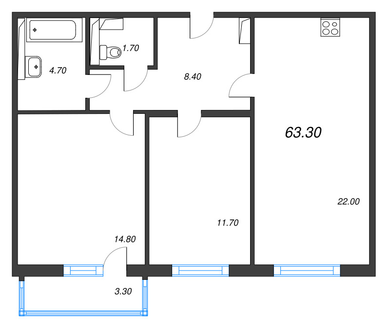 3-комнатная (Евро) квартира, 63.3 м² в ЖК "Руднева 15" - планировка, фото №1
