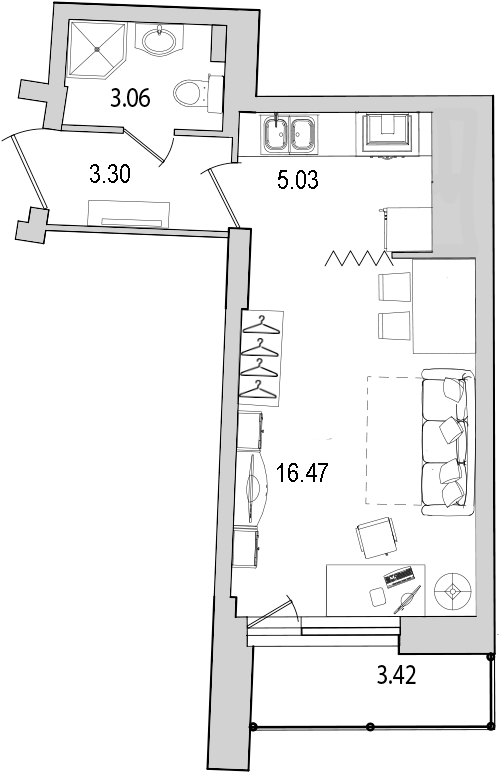 Квартира-студия, 31.3 м² - планировка, фото №1