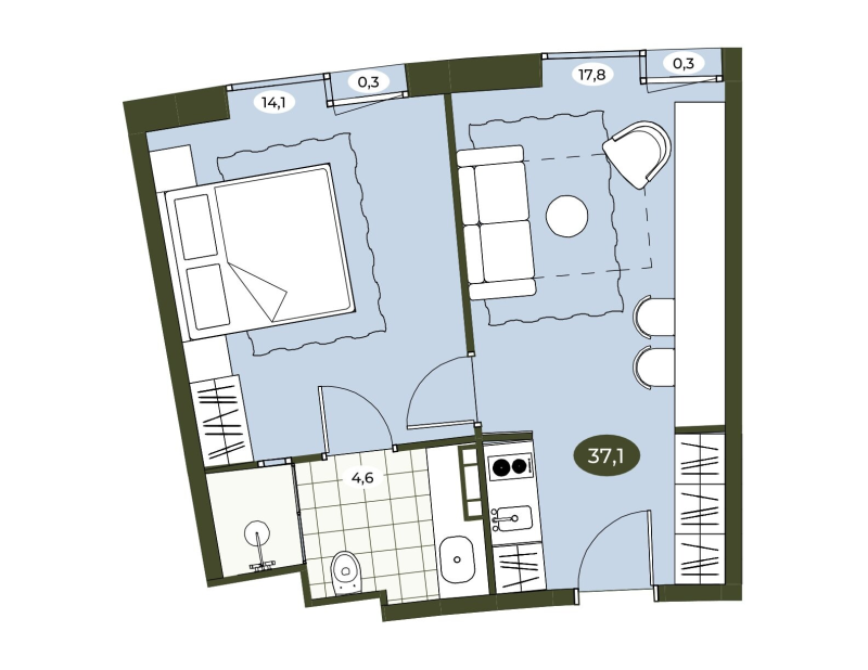 2-комнатная (Евро) квартира, 37 м² в ЖК "Место в Рощино" - планировка, фото №1