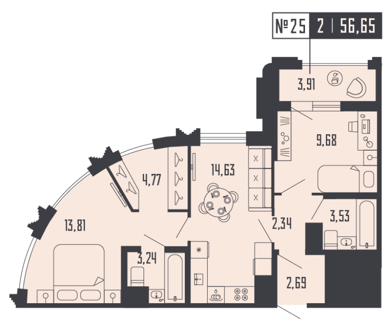 2-комнатная квартира, 56.65 м² - планировка, фото №1