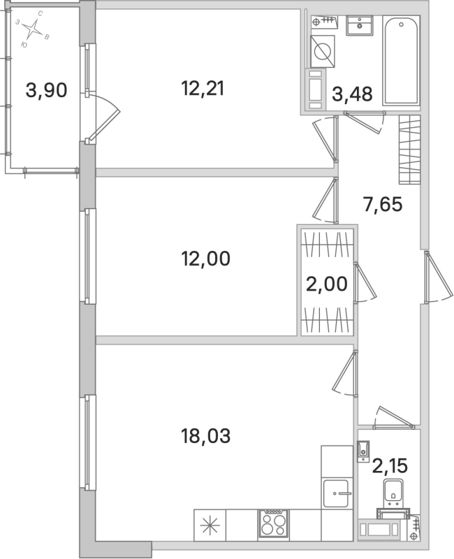 3-комнатная (Евро) квартира, 57.52 м² в ЖК "Любоград" - планировка, фото №1