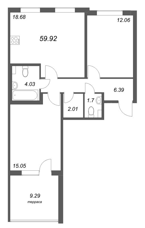 3-комнатная (Евро) квартира, 59.92 м² в ЖК "Любоград" - планировка, фото №1