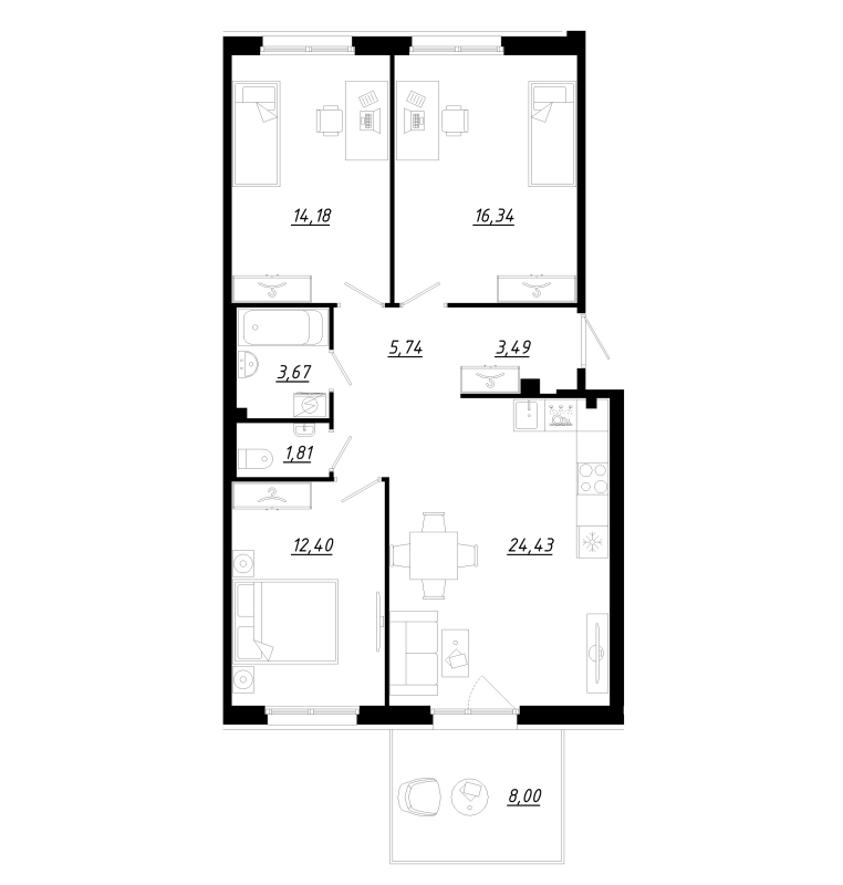 4-комнатная (Евро) квартира, 84.4 м² - планировка, фото №1