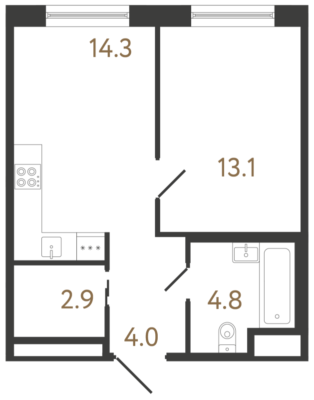 1-комнатная квартира, 39.1 м² в ЖК "Передвижники 2" - планировка, фото №1