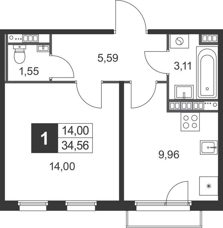 1-комнатная квартира, 34.56 м² в ЖК "Слобода" - планировка, фото №1
