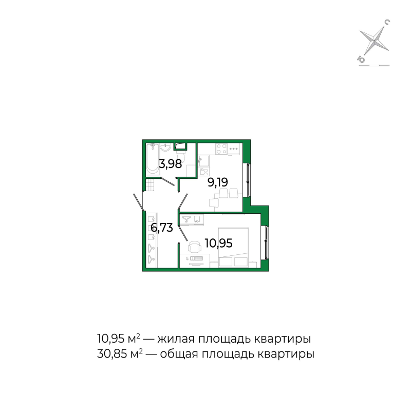 1-комнатная квартира, 30.85 м² в ЖК "Сертолово Парк" - планировка, фото №1