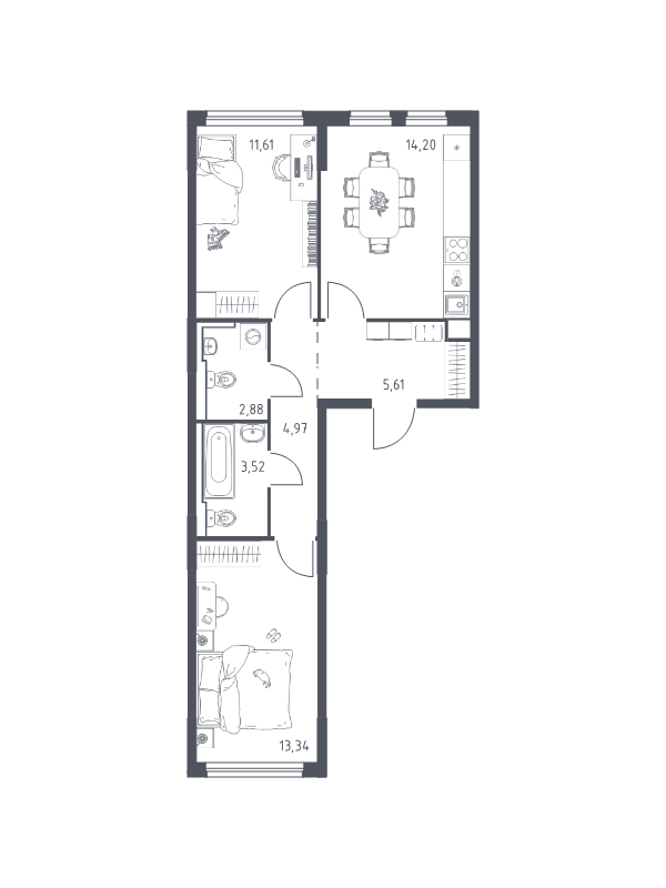2-комнатная квартира, 55.75 м² в ЖК "Новое Колпино" - планировка, фото №1