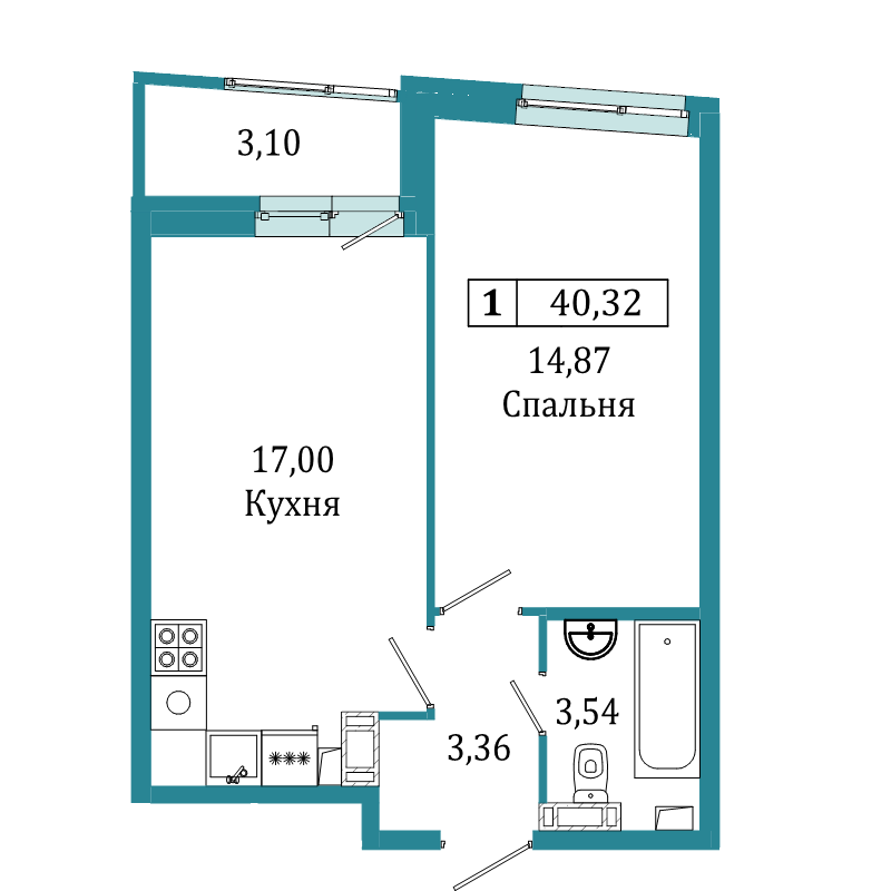 1-комнатная квартира, 40.32 м² - планировка, фото №1