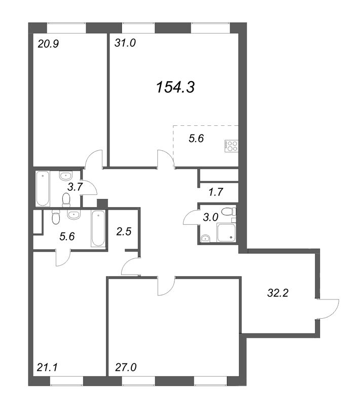 3-комнатная (Евро) квартира, 155.3 м² - планировка, фото №1