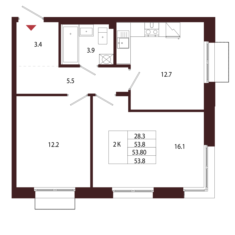 2-комнатная квартира, 53.8 м² в ЖК "Лисино" - планировка, фото №1