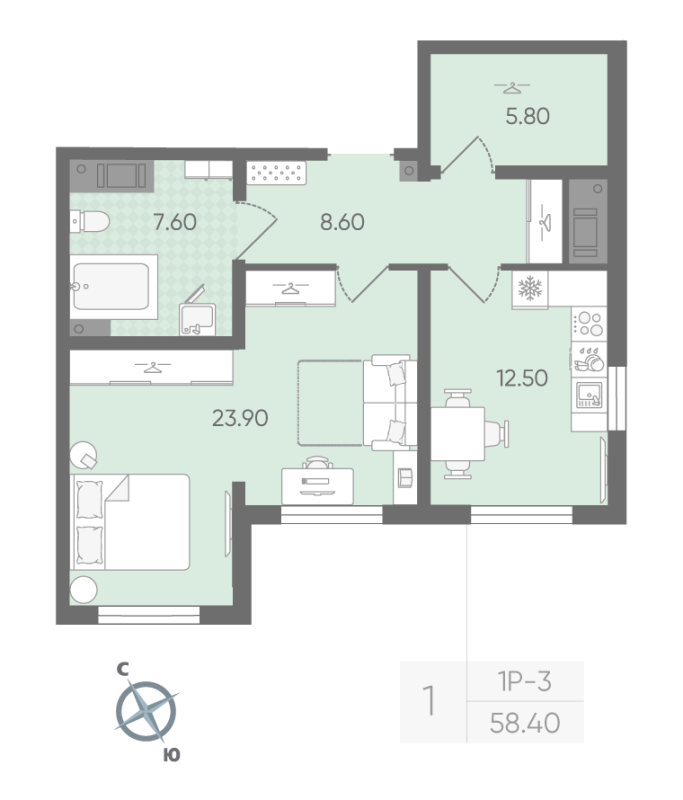 1-комнатная квартира, 58.4 м² в ЖК "Ручьи" - планировка, фото №1