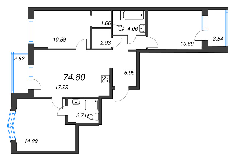 4-комнатная (Евро) квартира, 74.8 м² в ЖК "ID Murino III" - планировка, фото №1