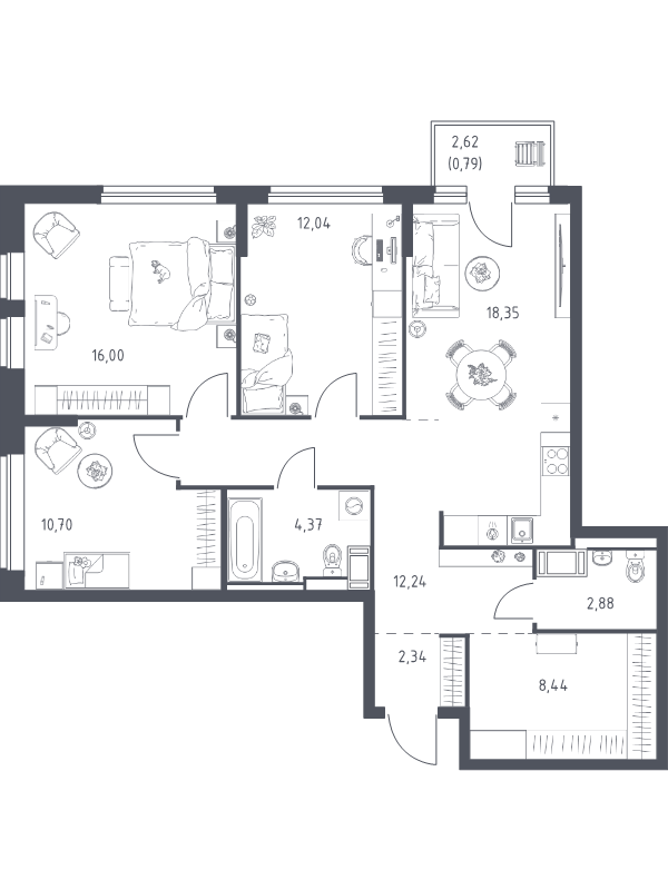 4-комнатная (Евро) квартира, 88.15 м² в ЖК "Новое Колпино" - планировка, фото №1