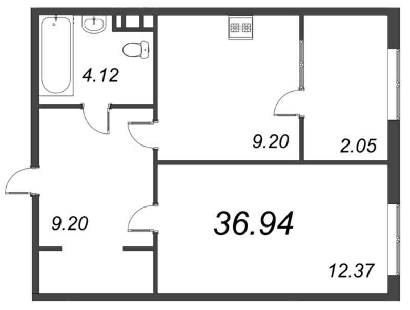 1-комнатная квартира, 39.58 м² - планировка, фото №1