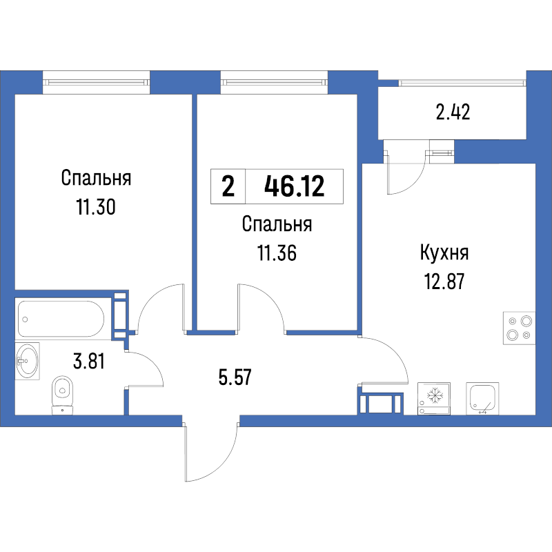 2-комнатная квартира, 46.12 м² в ЖК "Урбанист" - планировка, фото №1