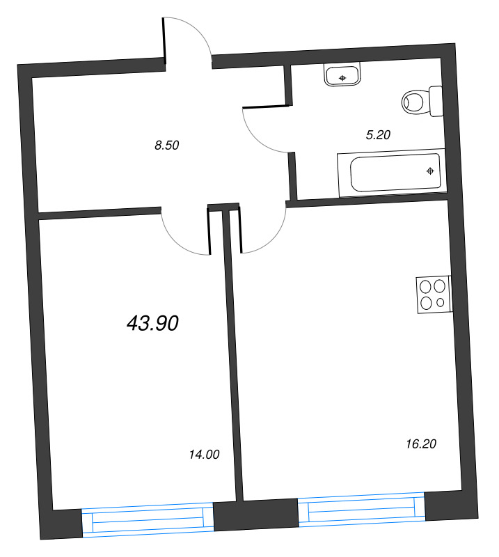 2-комнатная (Евро) квартира, 43.9 м² в ЖК "Цвет Зеленогорска" - планировка, фото №1