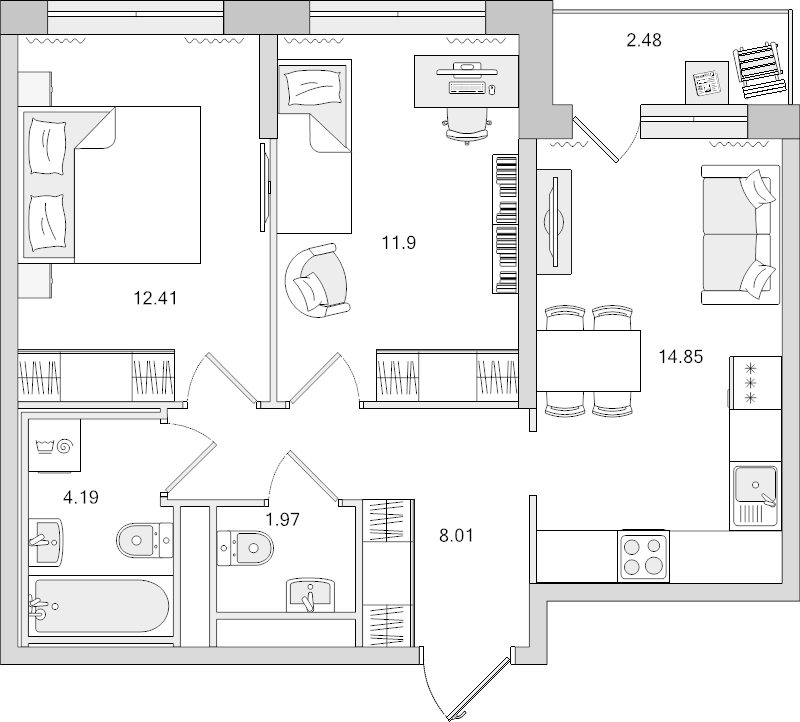 2-комнатная квартира, 53.33 м² - планировка, фото №1
