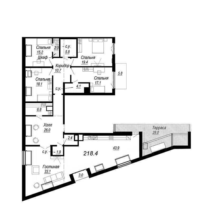 5-комнатная квартира, 208.24 м² - планировка, фото №1