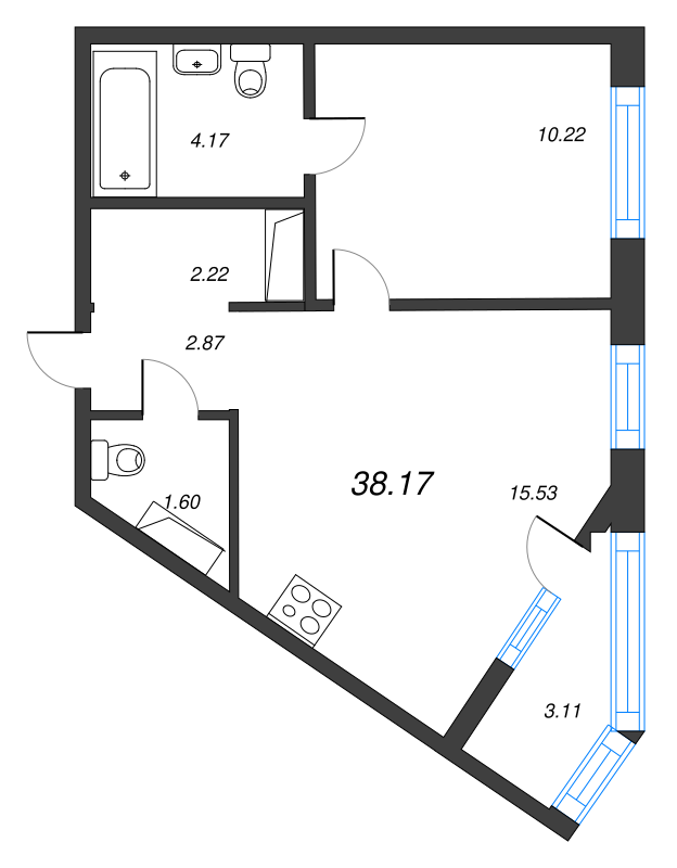 2-комнатная (Евро) квартира, 39.72 м² - планировка, фото №1