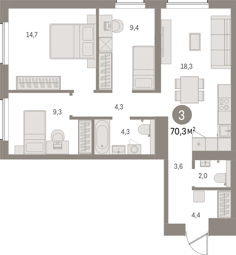 4-комнатная (Евро) квартира, 70.3 м² в ЖК "Северный ветер" - планировка, фото №1