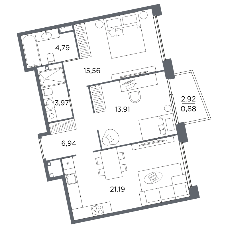 3-комнатная (Евро) квартира, 67.24 м² в ЖК "Акватория" - планировка, фото №1