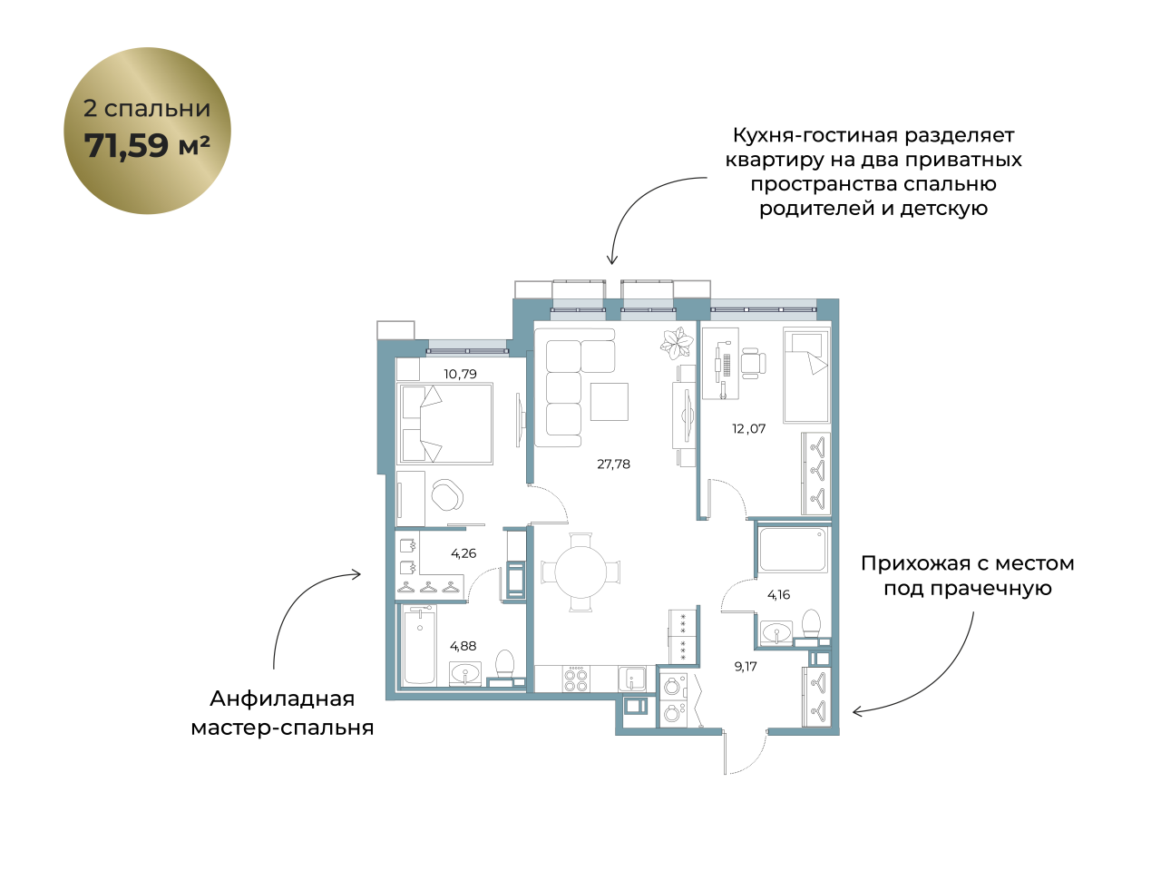 3-комнатная (Евро) квартира, 71.59 м² в ЖК "Взлётная 16" - планировка, фото №1