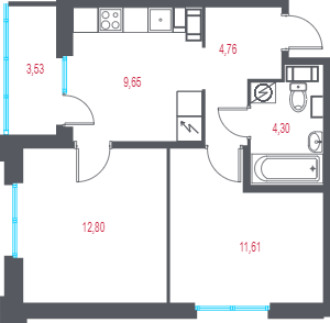 2-комнатная квартира, 44.89 м² в ЖК "Город-спутник Южный" - планировка, фото №1