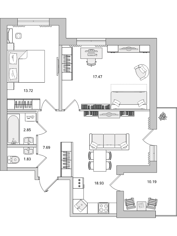 3-комнатная (Евро) квартира, 72.68 м² в ЖК "Город Первых" - планировка, фото №1