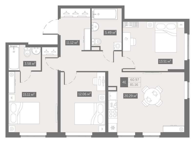 3-комнатная квартира, 81.16 м² в ЖК "Zoom на Неве" - планировка, фото №1