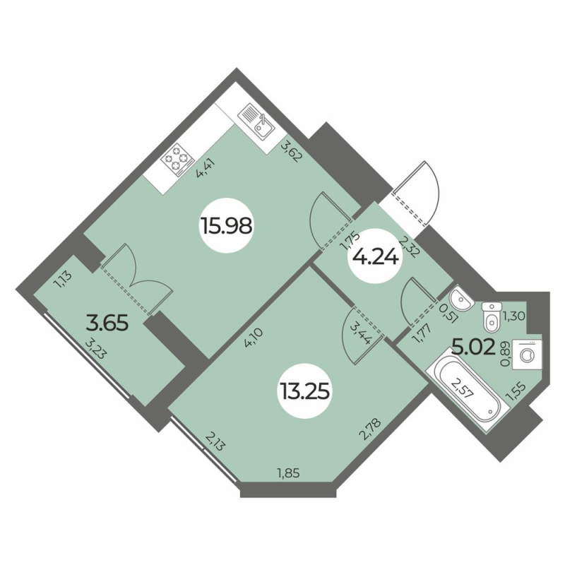 2-комнатная (Евро) квартира, 40.32 м² - планировка, фото №1