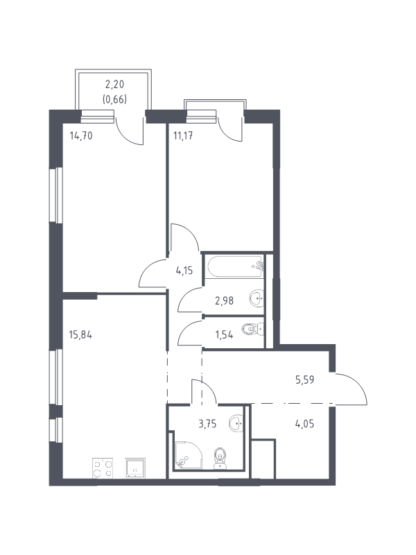 3-комнатная (Евро) квартира, 64.43 м² в ЖК "Невская Долина" - планировка, фото №1