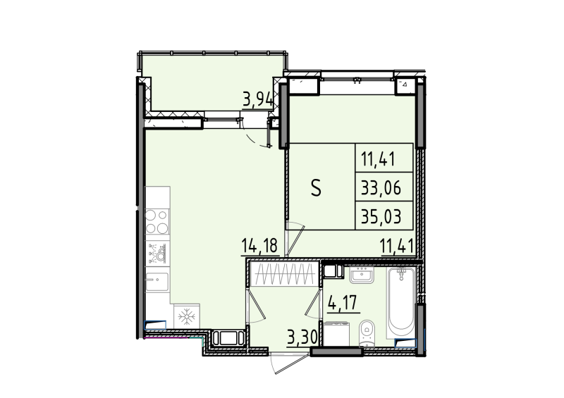 1-комнатная квартира, 35.03 м² - планировка, фото №1