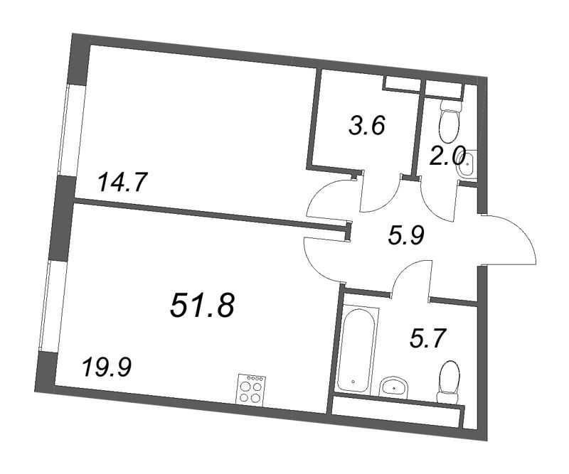 2-комнатная (Евро) квартира, 51.9 м² в ЖК "Визионер" - планировка, фото №1
