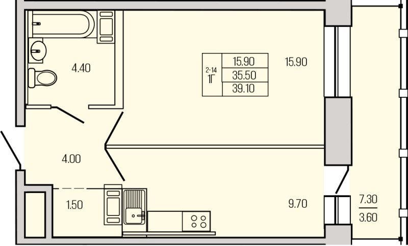 1-комнатная квартира, 39.1 м² в ЖК "Экос" - планировка, фото №1