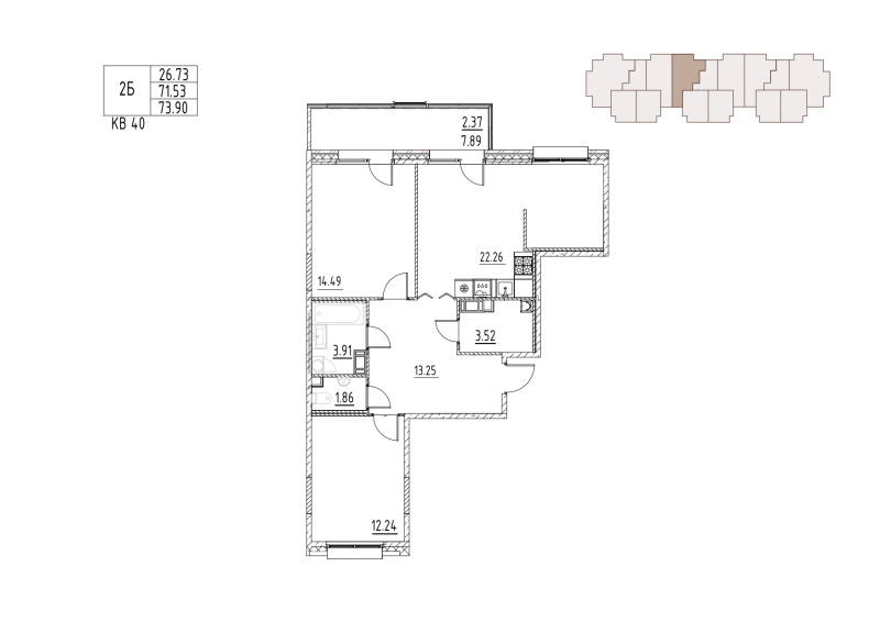 3-комнатная (Евро) квартира, 76.1 м² в ЖК "Loft у озера" - планировка, фото №1