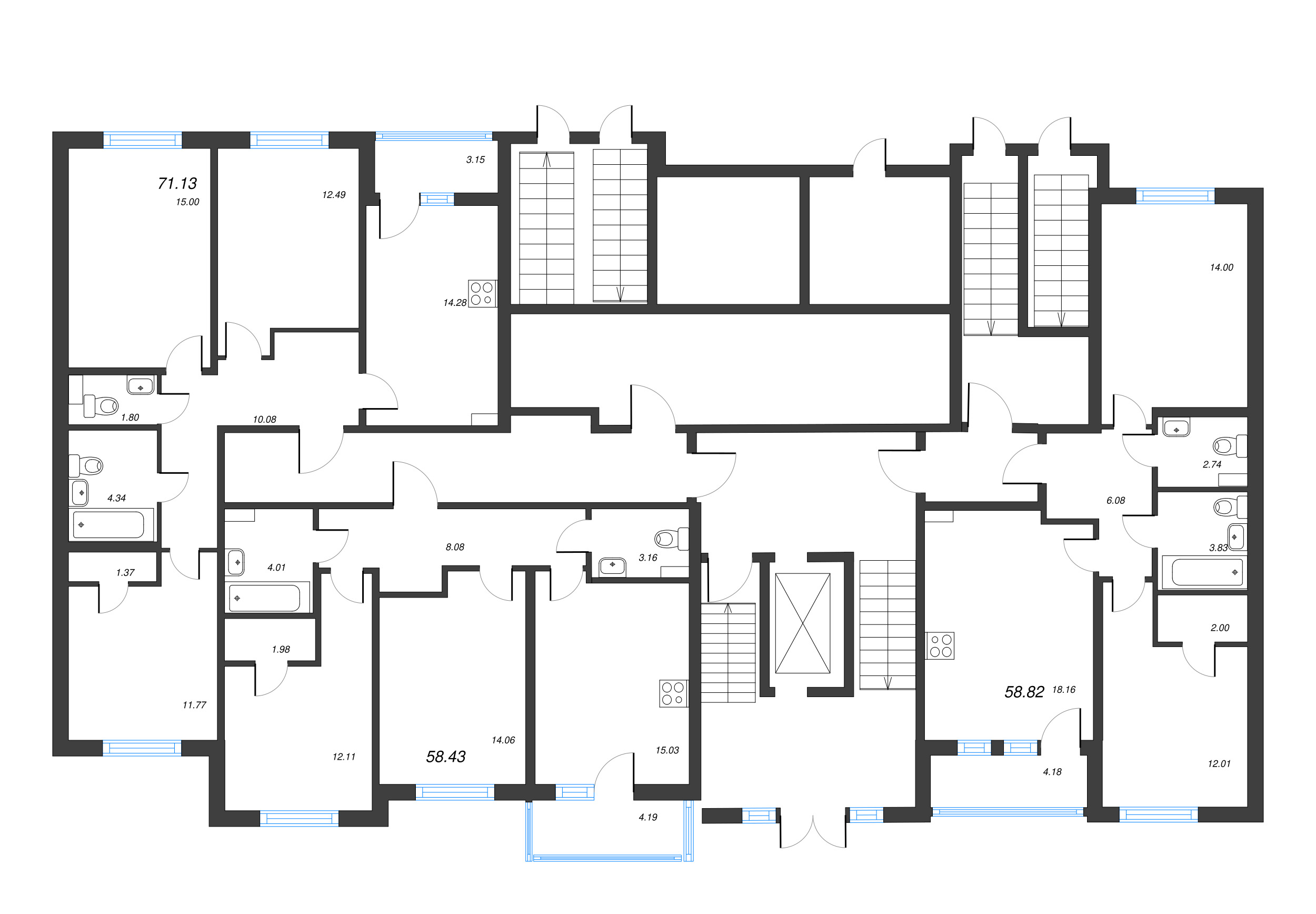 3-комнатная квартира, 71.13 м² в ЖК "ПАТИО. Уютный квартал" - планировка этажа